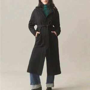 American Giant Long Coat Womens XS/S Black Cotton Fleece Lined Hooded Waist Belt